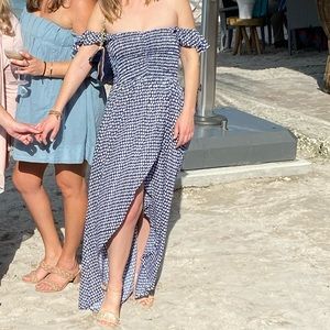 TIARE HAWAII Paradise Smocked Off Shoulder Crossover Midi Dress Polka Dot O/S